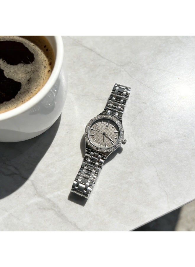 ABIU Women's Silver Crystal Bezel Watch - Polished Metal Strap with Grey Dial | Luxury Glamour Wristwatch - Image 5